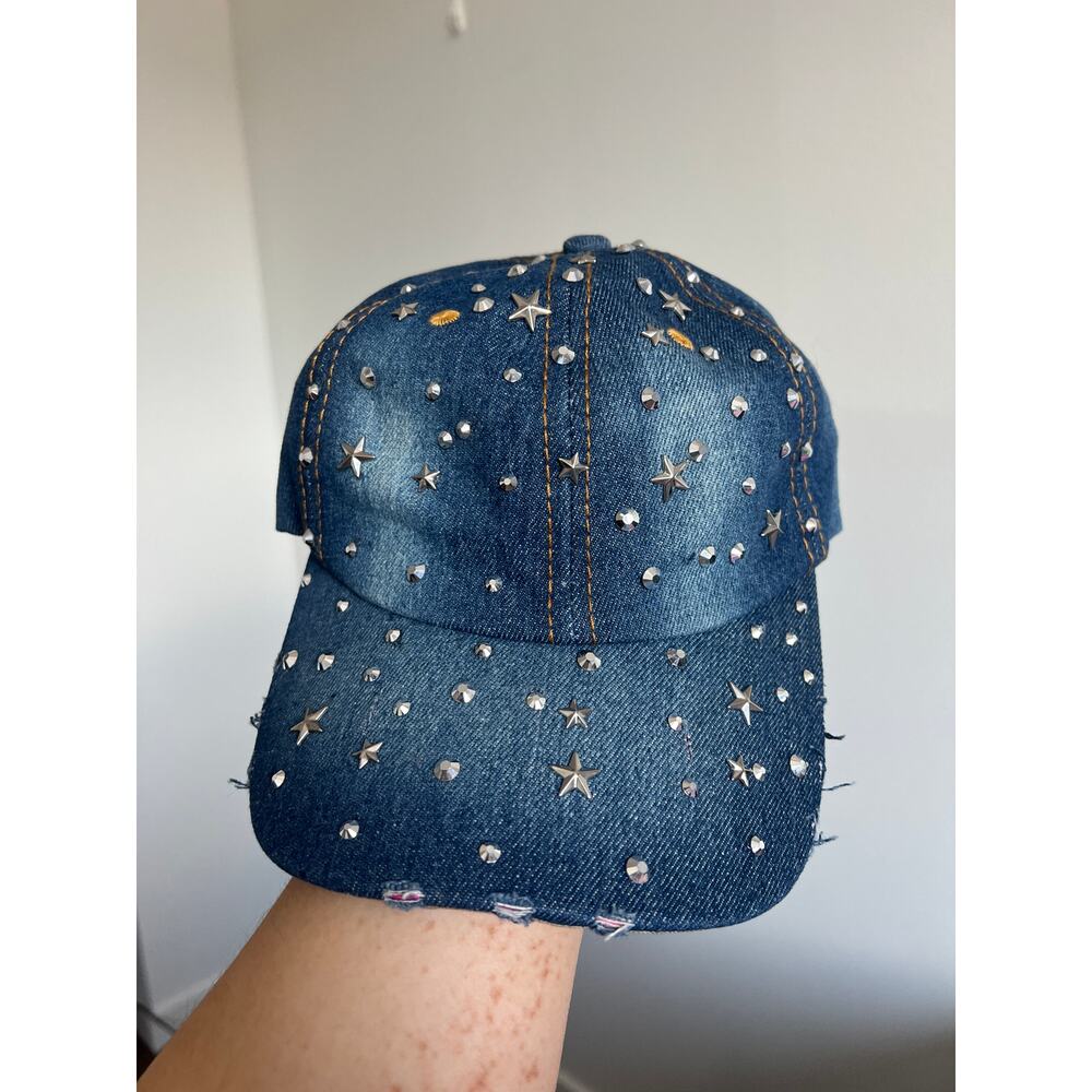 Olivia & Kate Blue Distressed Stars Studded Bling Denim Cap Y2K-Inspired McBling